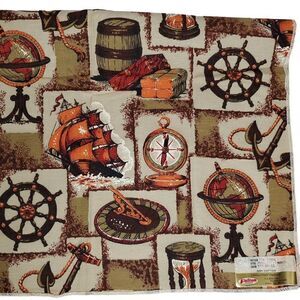 Vintage Colonial Nautical Tall Ship Upholstery Fabric Anchor Wheel Compass Tan